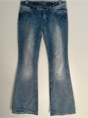 Rerock For Express Flare Jeans Womens 28 Light Blue Wash Distressed Rhinestone
